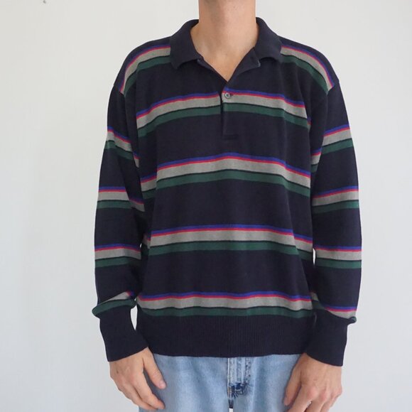 Polo Ralph Lauren Navy Stripe Knit Collared Sweater Old Money Collegiate Large - Picture 1 of 11